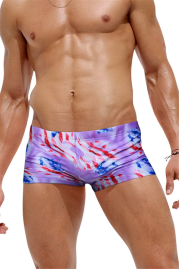 man new digital print waist lace-up back zip-up pocket stylish beach swim trunks