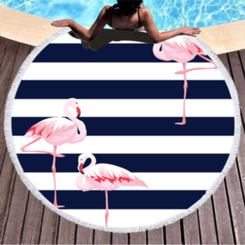 round stripes and flamingo print tassels stylish one-piece beach towel (diameter:150cm)