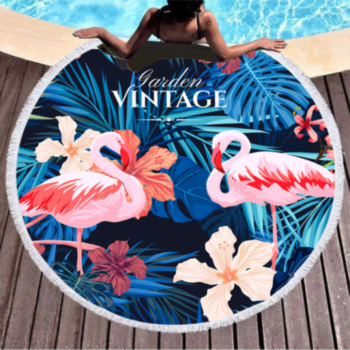 round flamingo and letters print tassels stylish one-piece beach towel (diameter:150cm)