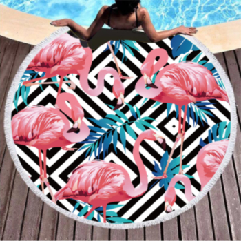 round flamingo and geometrical pattern print tassels stylish one-piece beach towel (diameter:150cm)