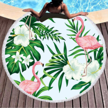round flamingo and flowers print tassels stylish comfortable one-piece beach towel (diameter:150cm)