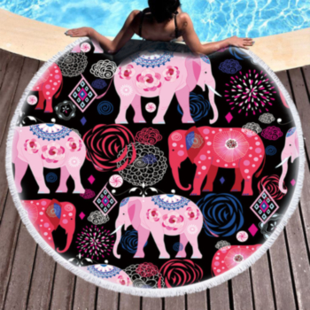 round elephants print tassels stylish comfortable one-piece beach towel (diameter:120cm)