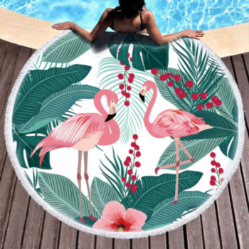 round flamingo and plant print tassels stylish comfortable one-piece beach towel (diameter:120cm)