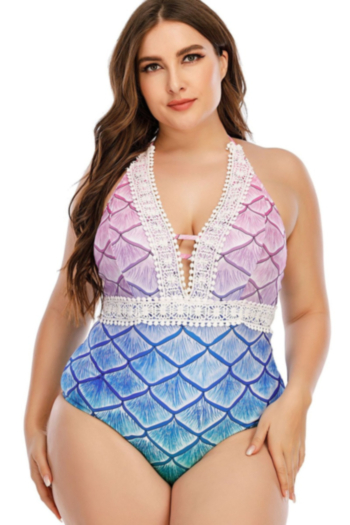 summer new oversize gradient color print lace spliced padded halter-neck sexy one-piece swimsuit