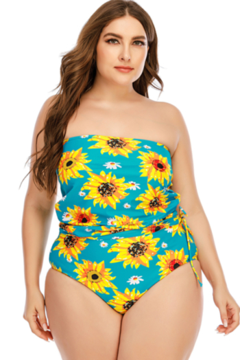 summer new oversize sunflowers print padded tube top drawstring stylish two-piece swimsuit