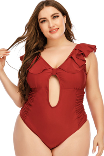 oversize solid color padded v-neck ruffle hollow sexy one-piece swimwear