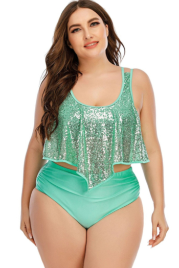 oversize solid color padded adjustable straps sequins decorated stylish two-piece tankini