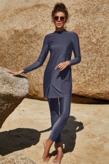 unpadded muslim style solid color stretch long-sleeve slit hem diving suring slim two-piece swimsuit