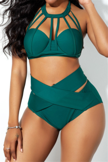 plus size solid color padded hollow sexy high waist two-piece swimwear