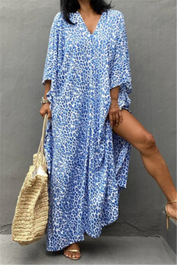 summer new blue leopard printing inelastic v-neck loose stylish beach dress cover-ups