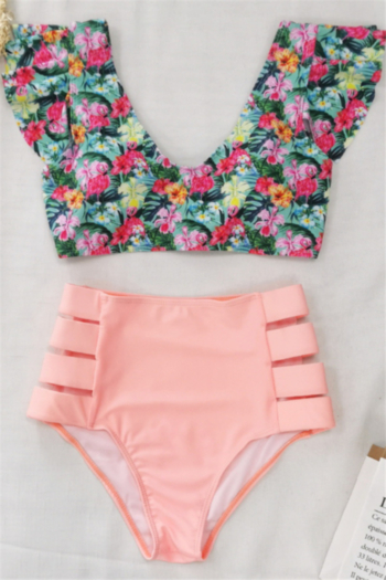 summer floral and flamingo printing padded ruffle high waist hollow sexy two-piece swimsuit