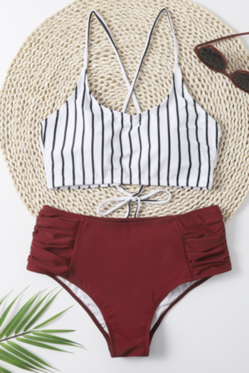 summer four colors stripes printing padded high waist stylish sexy mash-up two-piece swimwear