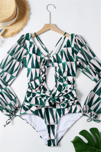summer new plus size geometric pattern printing padded hollow drawstring stylish sexy one-piece swimsuit