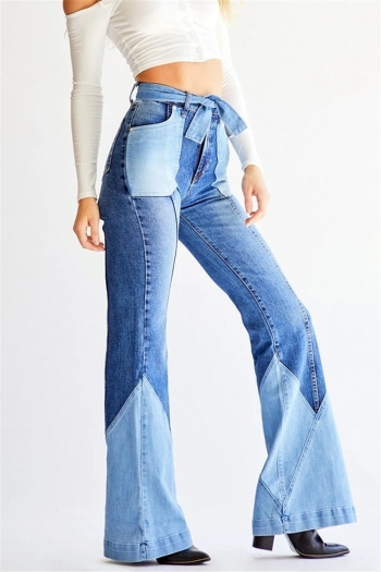 autumn new plus size contrast color spliced micro-elastic high waist stylish denim bell-bottoms with belt