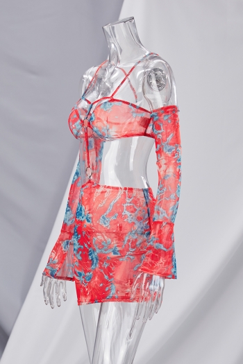 Summer new style batch printing  cutout mesh halter neck micro-flare sleeve elastic mini dress