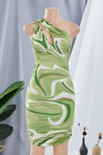 Summer new style batch printing pleated one shoulder elastic cutout mini dress