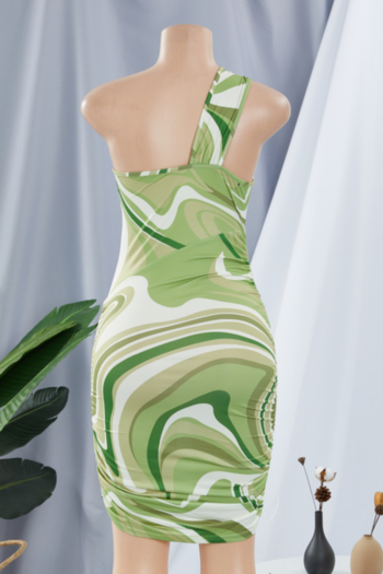 Summer new style batch printing pleated one shoulder elastic cutout mini dress