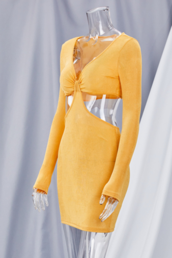 Autumn long sleeves solid color V-neck high-elastic cutout sexy mini dress