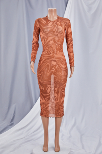 Autumn new style long-sleeves mesh see-through batch printing high elastic sexy midi dress