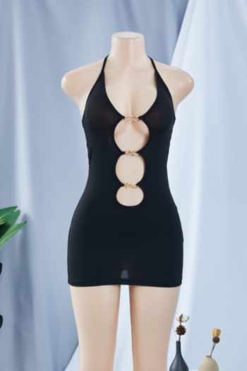 Summer solid color metal chain cutout halter neck tight mini dress 
