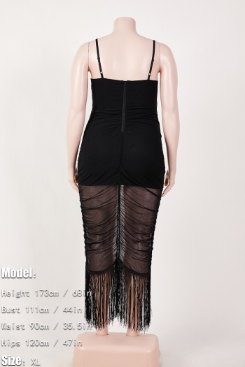 New plus size see through mesh spliced stretch sling hollow tassel zip-up back sexy bodycon midi dress