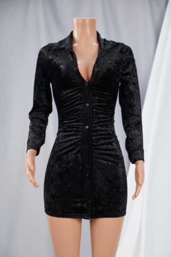 Autumn new solid color velvet fabric micro-elastic turndown collar single-breasted stylish mini dress