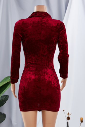 Autumn new solid color velvet fabric micro-elastic turndown collar single-breasted stylish mini dress