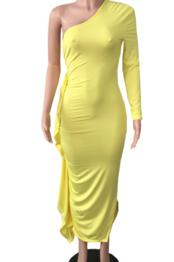 Solid color plus size one shoulder ruffle simple autumn new fashion stretch maxi dress (New add colors)