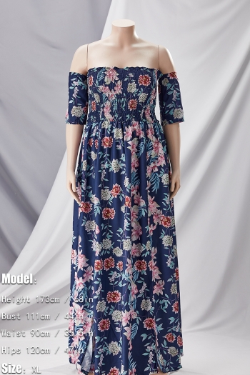 Plus size summer flowers batch printing off shoulder inelastic new stylish maxi dress