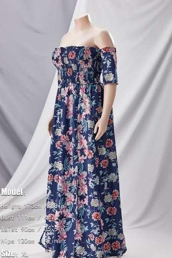 Plus size summer flowers batch printing off shoulder inelastic new stylish maxi dress