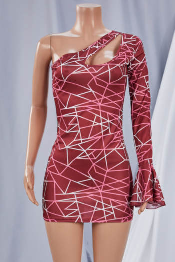 Early autumn new spider web pattern printing stretch one-sleeve hollow sexy bodycon mini dress