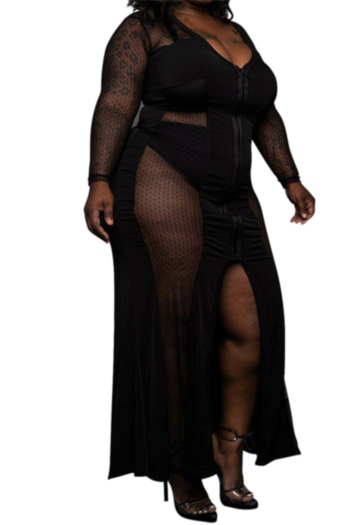 XL-5XL early autumn new see through mesh spliced stretch V-neck zip-up slit sexy maxi dress (Without panties)