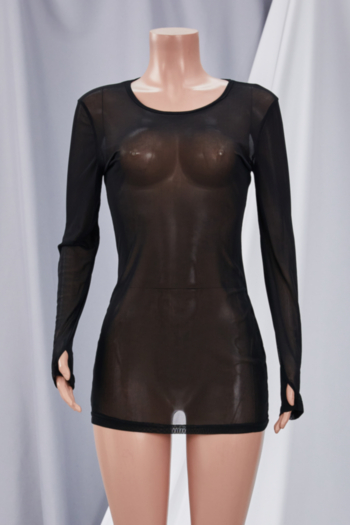 Early autumn plus size see through mesh stretch thumb-hole sexy classic bodycon mini dress (Without lining)