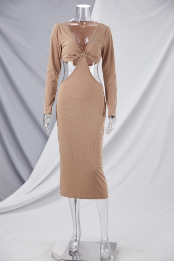 Seven colors plus size autumn v-neck hollow out high elastic new fashion slim midi dress