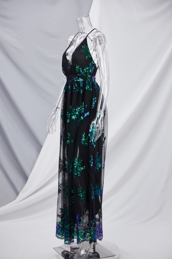 Three colors elegant new stylish sequin embroidered mesh sling v-neck backless evening maxi gown