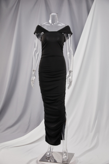 Summer new plus size solid color stretch wide-strap invisible zip-up back ruched low-slit sexy maxi dress