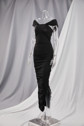 Summer new plus size solid color stretch wide-strap invisible zip-up back ruched low-slit sexy maxi dress