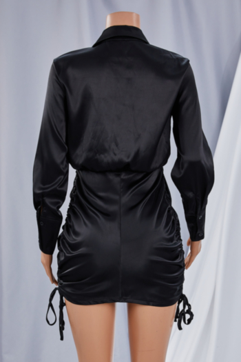 Autumn new plus size solid color satin fabric inelastic drawstring ruched stylish mini shirtdress