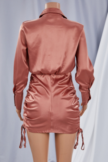 Autumn new plus size solid color satin fabric inelastic drawstring ruched stylish mini shirtdress