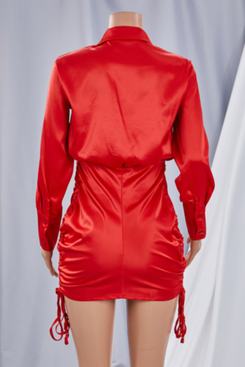Autumn new plus size solid color satin fabric inelastic drawstring ruched stylish mini shirtdress