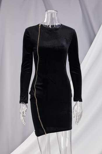 Solid color early autumn zip-up simple new stylish velvet stretch sexy mini dress