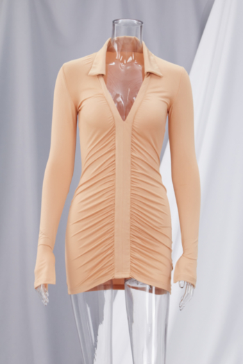 Early autumn solid color long sleeve stretch split V-neck tight pleating mini dress