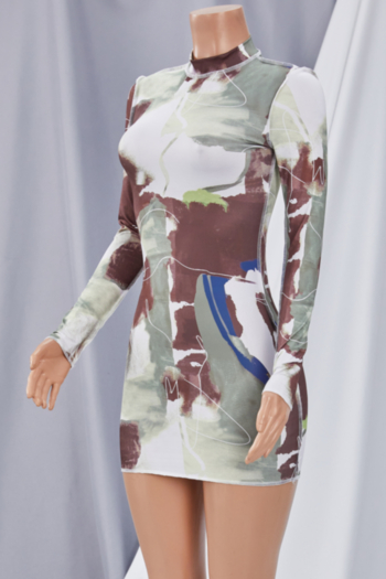 Early autumn tie-dyed batch printing long sleeve stretch tight mini dress