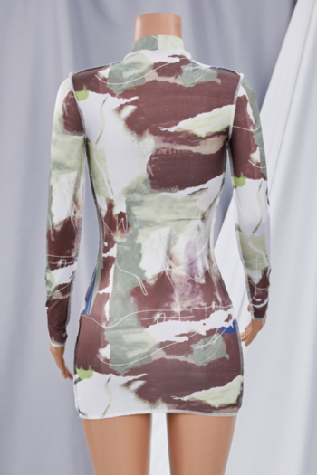 Early autumn tie-dyed batch printing long sleeve stretch tight mini dress