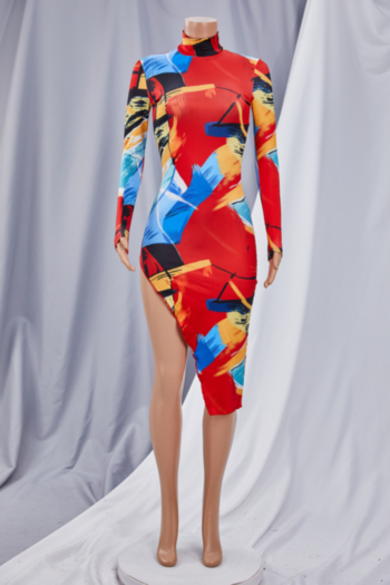 Early autumn tie-dyed batch printing long sleeve half high neck stretch split irregular midi dress