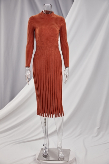 Autumn plus size solid color knitted stretch pleated stylish elegant midi dress