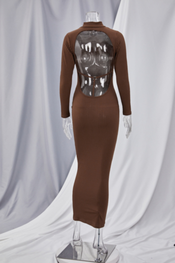 Autumn open back XS-XL solid color stretch slim maxi dress