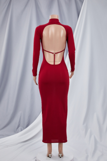 Autumn open back XS-XL solid color stretch slim maxi dress