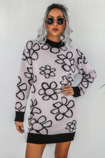 autumn new three colors flower printing knitted stylish sweater mini dress