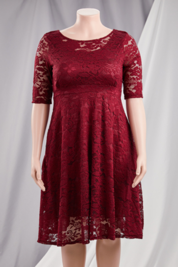 XL-6XL autumn new see through lace micro-elastic three-quarter sleeves pockets stylish loose midi dress with lining